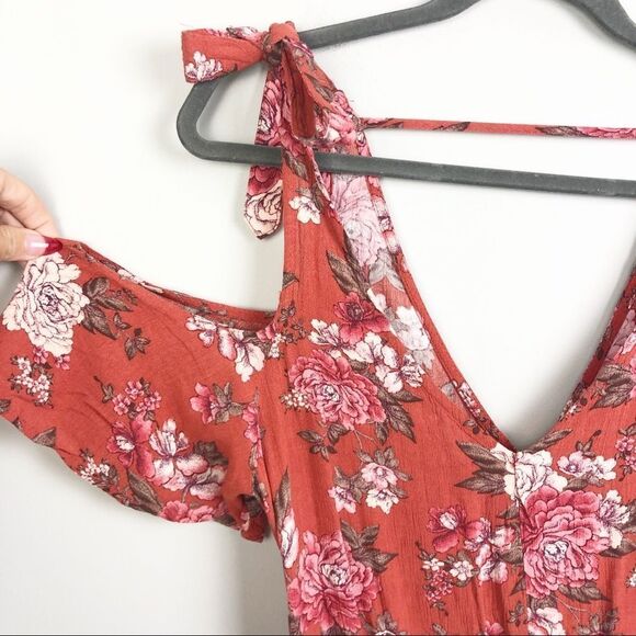 AMERICAN EAGLE | Floral Cold Shoulder Romper Ties Orange NEW Women’s Size Small - Picture 6 of 12